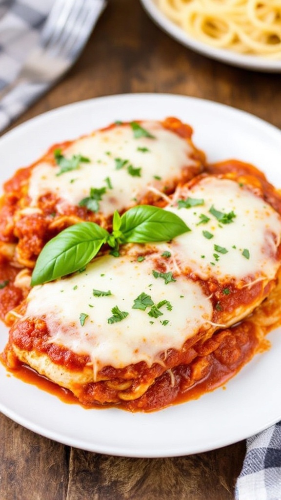 Slow Cooker Chicken Parmesan with melted cheese and marinara sauce, garnished with basil, served with spaghetti.